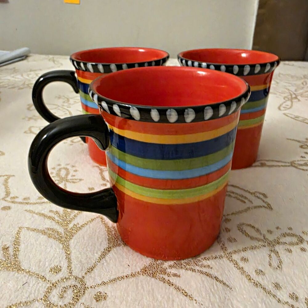 Pueblo Springs Elite Set of 3 Striped Coffee Mugs Red Multicolor Ceramic Cups